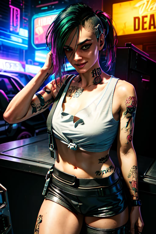 1 Judy, cyberpunk, sexy, tattoos, sexy, badass.  pony tail, tank top, clothed, ,cyberpunk,Detailedface, happy smile, sexy, cute, smoking, sexy,