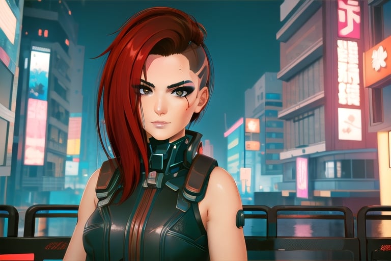 1 girl, red hair, brown eyes, nighty city, cyberpunk,