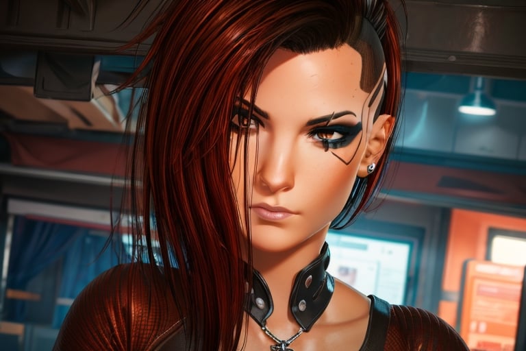 1 girl, dark red hair, brown eyes, close up, badass pose,  future t-shirt, bullet neckless,piercings, ear per