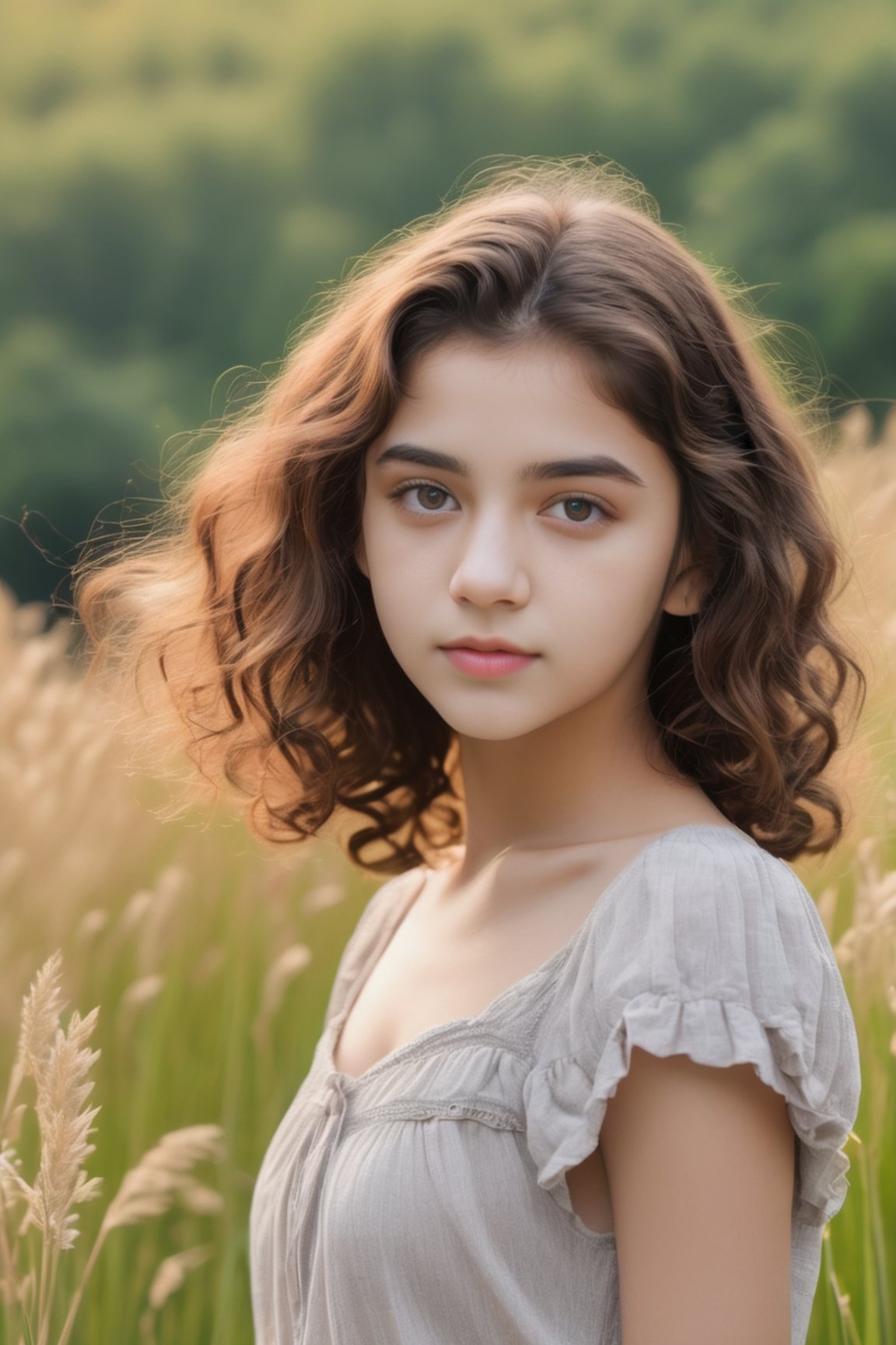 A closeup microphotography of A 21 year old teen, innocent face, beautiful innocent eye, Little bit curly hair, very attractive face , very charming, long wild  grassfield background, super clear image , Sony Alpha lens,