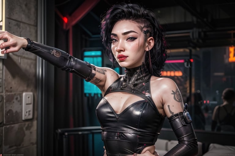 1 girl, small breasts, close up face, looking at viewer, open smile, fishnet bra septum piercing ,red lips, half shaved head, ear piercings, heavy make-up, heavy make-up, 3 metal fingers, cyber eye, cyberpunk outfit, cyberpunk tight leotard, giant tv screens turned on, sexy, hair, large wrist device computer, bathroom tiles, cyberpunk bedroom, cyberpunk furniture, Binary tattoo , bed room, bed, pillow, selife,