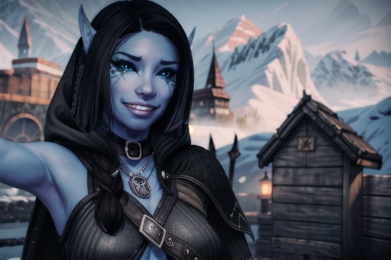 1 girl, blue skin, elf ears, looking at the viewer, eye tattoos, smile, nordic village, viking village, skyrim, snow, winter, sword, black hair, neckless, collar, facial percings,  half shaved head, cloak, daggers, magical_girl, naked, snow flakes, smal boobs, waving, smile, 