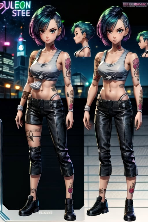 tattoo, tank top, neon, night city, character sheet, ,inboxDollPlaySetQuiron style,ActionFigureQuiron style