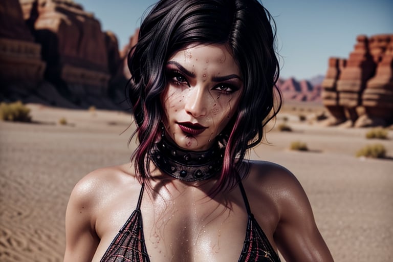 1 girl, small breasts, black hai, close up face, looking at viewer, open smile, fishnet bra septum piercing ,red lips, half shaved head, ear piercings, heavy make-up, heavy make-up, desert, sandy, desert rocks, sweaty, ,photo of perfecteyes eyes, grumpy, naked, tits, swart, wet skin, close up, zoom on face