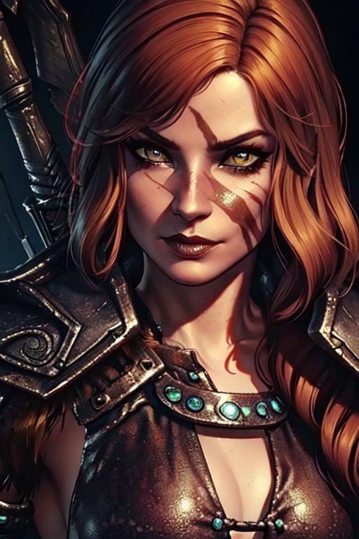 1 girl,  close up,  badass,  smirk,  warrior, ,Skyrim, close up, smirk,  war paint, lycanthrope,photo of perfecteyes eyes