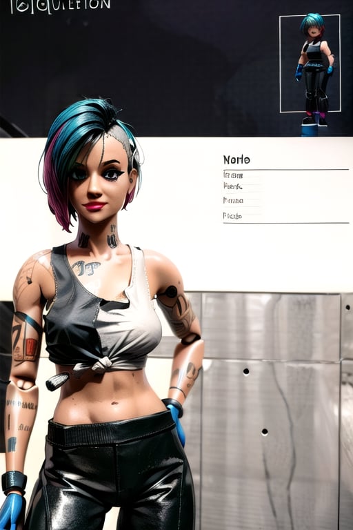 tattoo, tank top, neon, night city, character sheet, ,inboxDollPlaySetQuiron style,ActionFigureQuiron style