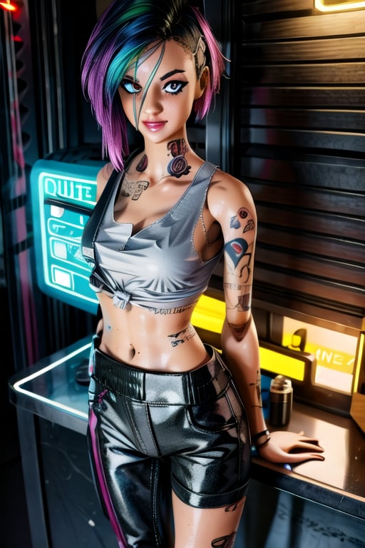 tattoo, tank top, neon, night city, character sheet, ,inboxDollPlaySetQuiron style,ActionFigureQuiron style