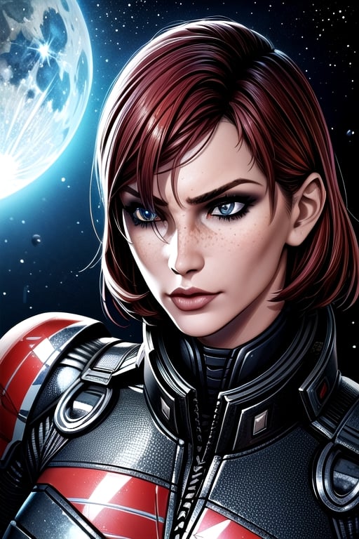 1 girl, Jane, armour, space background, close up, heroic pose, serious mood, N7, Hero, Commander Shepard, Earth, Space, The Moon, Reapers, Movie poster, poster, hero pose,Jane,photo of perfecteyes eyes