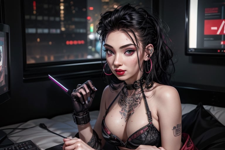 1 girl, small breasts, close up face, looking at viewer, open smile, fishnet bra septum piercing ,red lips, half shaved head, ear piercings, heavy make-up, heavy make-up, 3 metal fingers, cyber eye, cyberpunk outfit, cyberpunk tight leotard, giant tv screens turned on, sexy, hair, large wrist device computer, bathroom tiles, cyberpunk bedroom, cyberpunk furniture, Binary tattoo , bed room, bed, pillow, selife,