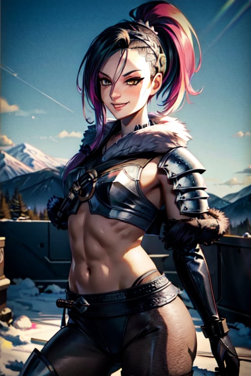 short sword,  mountains, fur armor, winter armor,  headband, shiled, sexy pose, battle, happy, smile, smirk, happy, badass, ponytail