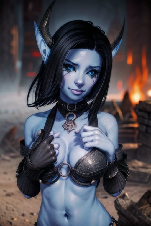 1 girl, blue skin elf ears, eye tattoos, black hair, magic, small boobs, , smile, cute, long black nails, wedding ring, collar, horns, ruined city, chains, enslaved soulsm destroyed city, ruins, dead wold, oblivion, blue magical sky, armor, black armor, daedra, demon, daedra, sword, monsters, giant chains, blue fire, large horns, large horn armor