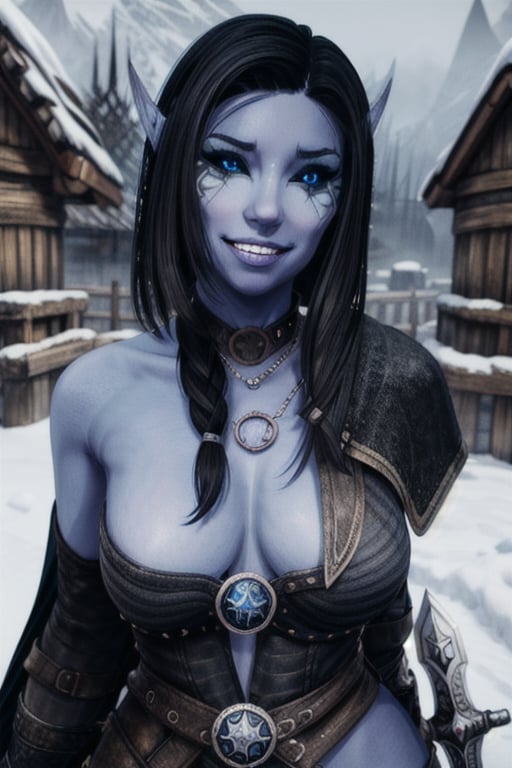 1 girl, blue skin, elf ears, looking at the viewer, eye tattoos, smile, nordic village, viking village, skyrim, snow, winter, sword, black hair, neckless, collar, facial percings,  half shaved head, cloak, daggers, magical_girl, naked, snow flakes, 