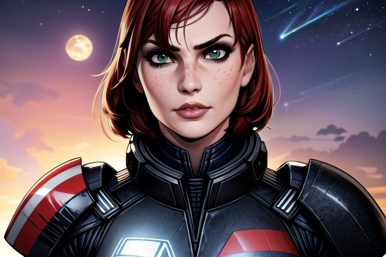 1 girl, Jane, armour, space background, close up, heroic pose, serious mood, N7, Hero, Commander Shepard, Earth, Space, The Moon, Reapers