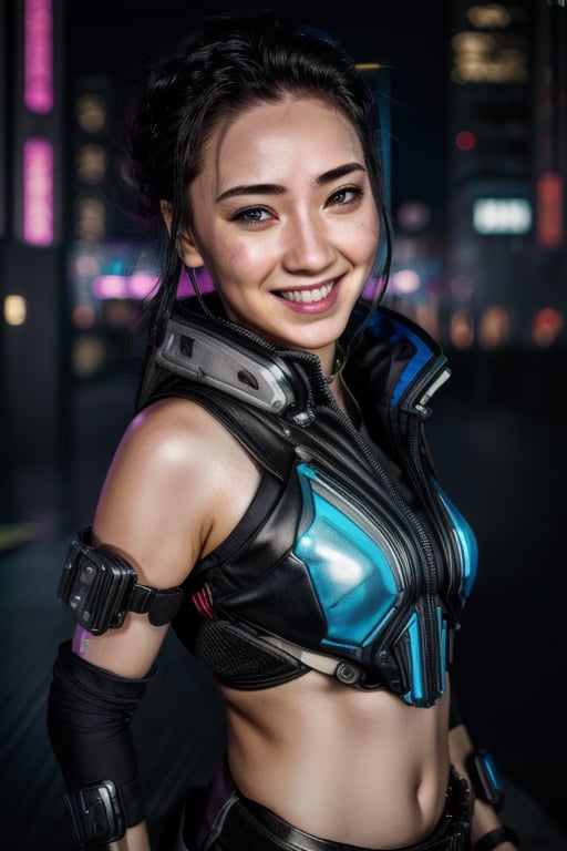 1 girl, sks woman, cyberpunk, neon city, night city, cyberware, cyberpunk outfit, close up, face, cyberware, mox, cyberarm, baseball bat, good lighting, cheeky smile, Ar1aAl3xander, cyberarm, augmentation, netrunner, cyberware on head