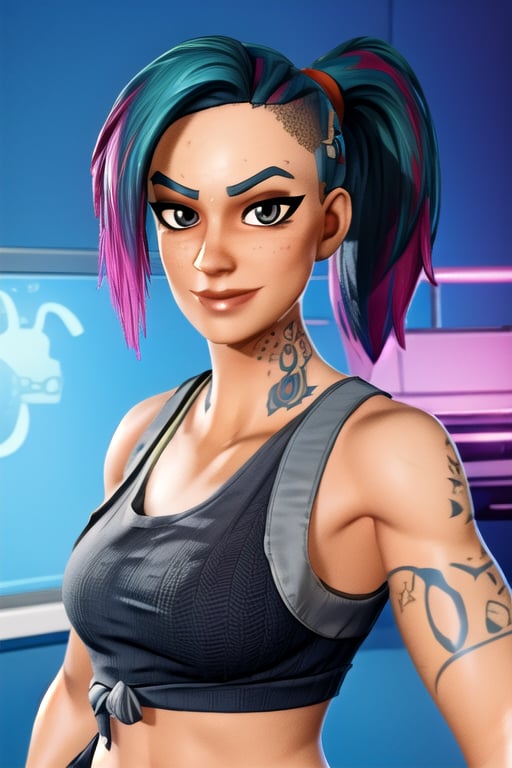 tattoos, ponytail, tank top, sexy, selife, looking at viewer,fortnite