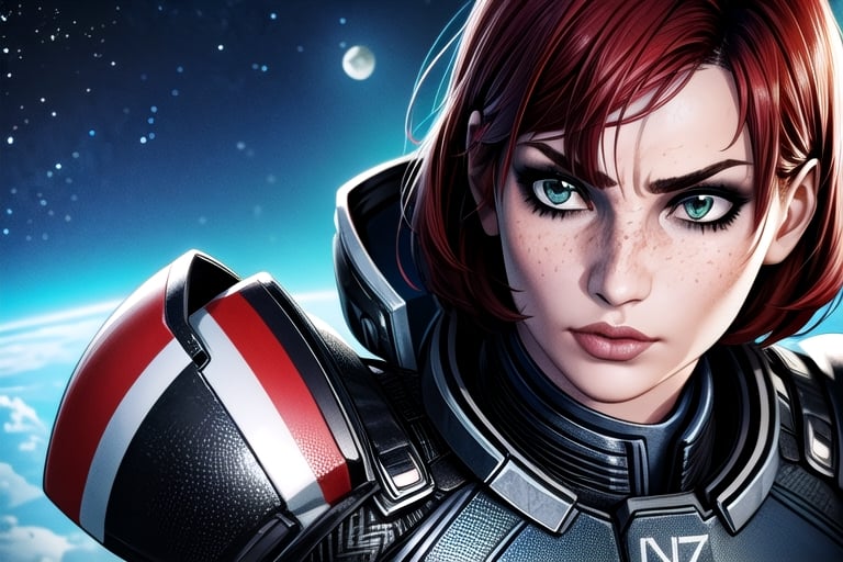 1 girl, Jane, armour, space background, close up, heroic pose, serious mood, N7, Hero, Commander Shepard, Earth, Space, The Moon, Reapers