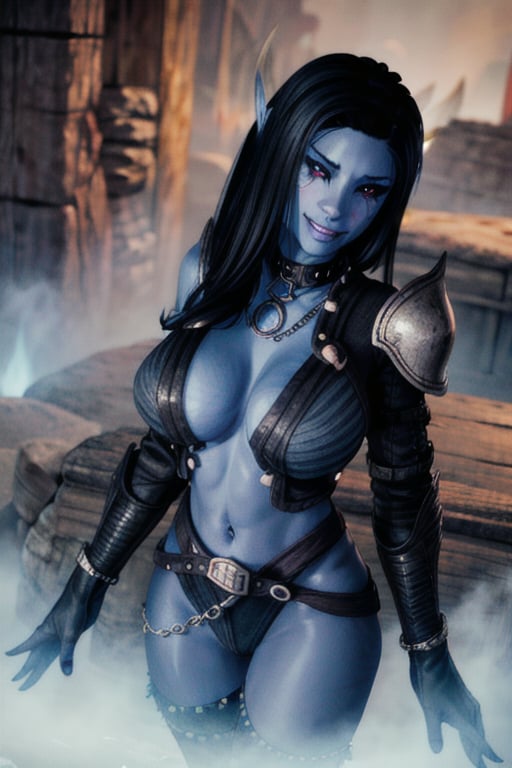 1 girl, blue skin elf ears, eye tattoos, black hair, magic, small boobs, , smile, cute, long black nails, wedding ring, collar, horns, ruined city, chains, enslaved soulsm destroyed city, ruins, dead wold, oblivion, blue magical sky, armor, black armor, daedra, demon, daedra, sword, monsters, giant chains, blue fire, large horns, large horn armor