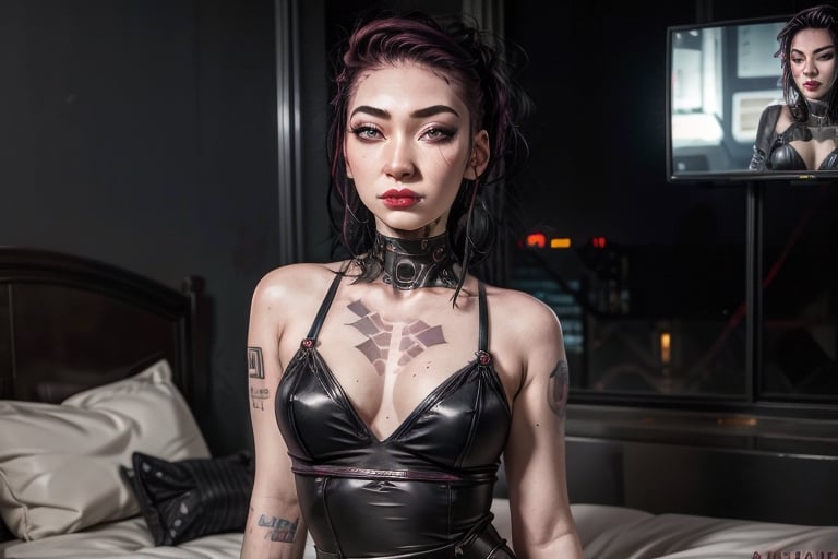 1 girl, small breasts, close up face, looking at viewer, open smile, fishnet bra septum piercing ,red lips, half shaved head, ear piercings, heavy make-up, heavy make-up, 3 metal fingers, cyber eye, cyberpunk outfit, cyberpunk tight leotard, giant tv screens turned on, sexy, hair, large wrist device computer, bathroom tiles, cyberpunk bedroom, cyberpunk furniture, Binary tattoo , bed room, bed, pillow, selife,