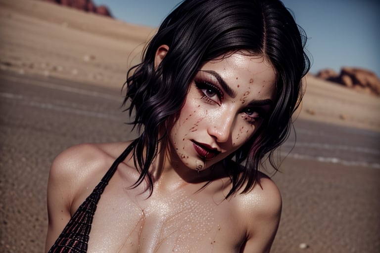 1 girl, small breasts, black hai, close up face, looking at viewer, open smile, fishnet bra septum piercing ,red lips, half shaved head, ear piercings, heavy make-up, heavy make-up, desert, sandy, desert rocks, sweaty, ,photo of perfecteyes eyes, grumpy, naked, tits, swart, wet skin, close up, zoom on face