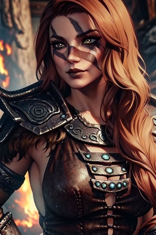 1 girl,  close up,  badass,  smirk,  warrior, ,Skyrim, close up, smirk,  war paint, lycanthrope,photo of perfecteyes eyes