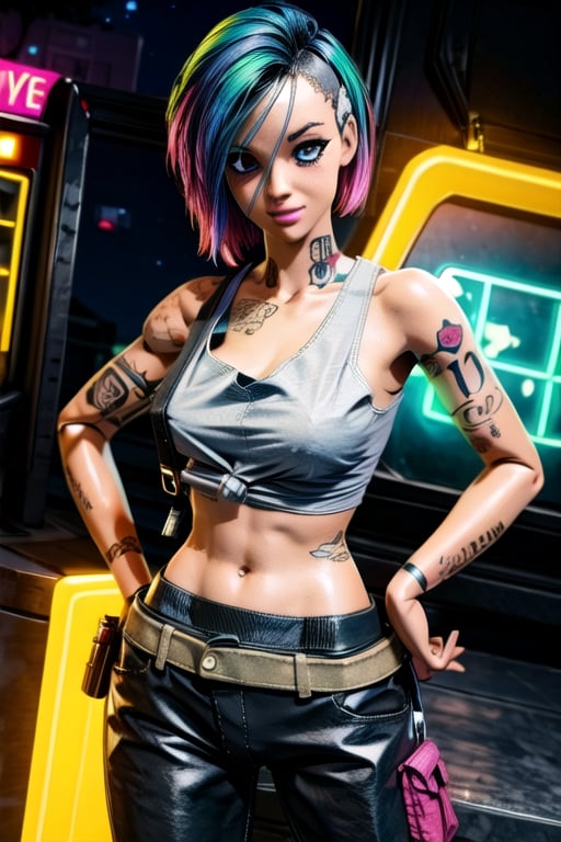 tattoo, tank top, neon, night city, character sheet, ,inboxDollPlaySetQuiron style,ActionFigureQuiron style