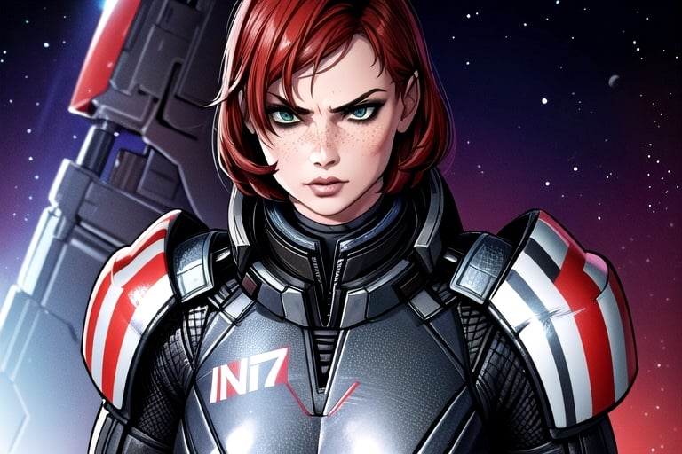 1 girl, Jane, armour, space background, close up, heroic pose, serious mood, N7, Hero, Commander Shepard, Earth, Space, The Moon, Reapers