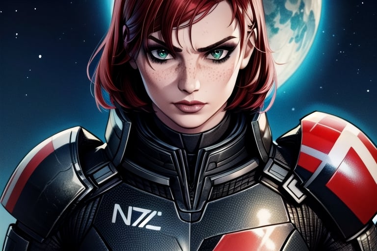 1 girl, Jane, armour, space background, close up, heroic pose, serious mood, N7, Hero, Commander Shepard, Earth, Space, The Moon, Reapers