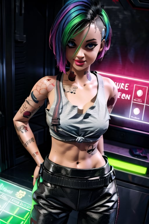 tattoo, tank top, neon, night city, character sheet, ,inboxDollPlaySetQuiron style,ActionFigureQuiron style