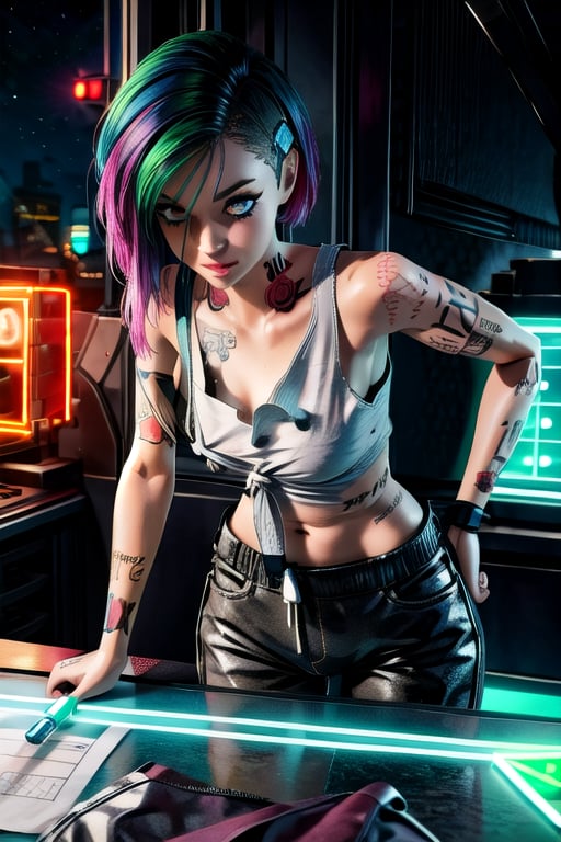 tattoo, tank top, neon, night city, character sheet, ,inboxDollPlaySetQuiron style,ActionFigureQuiron style