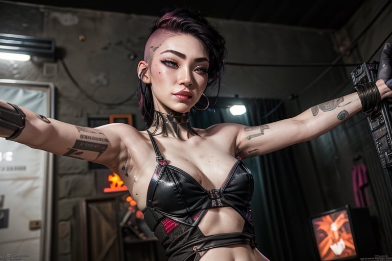 1 girl, small breasts, close up face, looking at viewer, open smile, fishnet bra septum piercing ,red lips, half shaved head, ear piercings, heavy make-up, heavy make-up, 3 metal fingers, cyber eye, cyberpunk outfit, cyberpunk tight leotard, giant tv screens turned on, sexy, hair, large wrist device computer, bathroom tiles, cyberpunk bedroom, cyberpunk furniture, Binary tattoo , bed room, bed, pillow, selife,