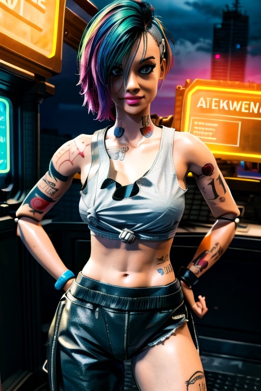 tattoo, tank top, neon, night city, character sheet, ,inboxDollPlaySetQuiron style,ActionFigureQuiron style