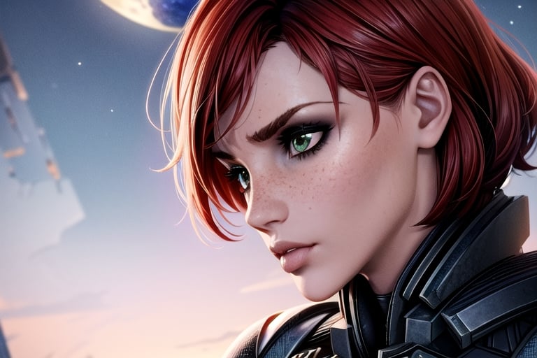 1 girl, Jane, armour, space background, close up, heroic pose, serious mood, N7, Hero, Commander Shepard, Earth, Space, The Moon, Reapers