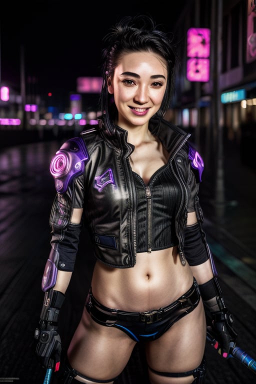 1 girl, sks woman, cyberpunk, neon city, night city, cyberware, cyberpunk outfit, close up, face, cyberware, mox, cyberarm, baseball bat, good lighting, cheeky smile, Ar1aAl3xander, cyberarm, augmentation