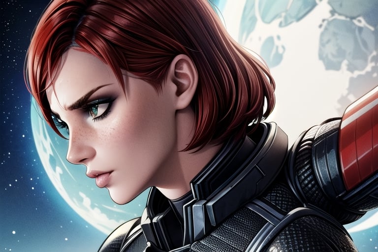 1 girl, Jane, armour, space background, close up, heroic pose, serious mood, N7, Hero, Commander Shepard, Earth, Space, The Moon, Reapers