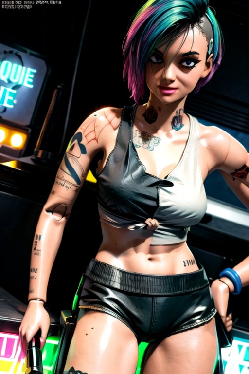 tattoo, tank top, neon, night city, character sheet, ,inboxDollPlaySetQuiron style,ActionFigureQuiron style