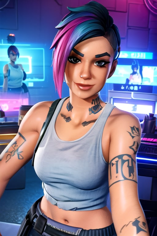1 female, tattoos, white tank top, sexy, selife, looking at viewer,fortnite, night city