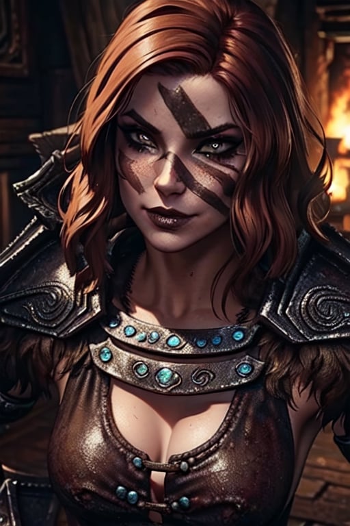 1 girl,  close up,  badass,  smirk,  warrior, ,Skyrim, close up, smirk,  war paint, lycanthrope,photo of perfecteyes eyes