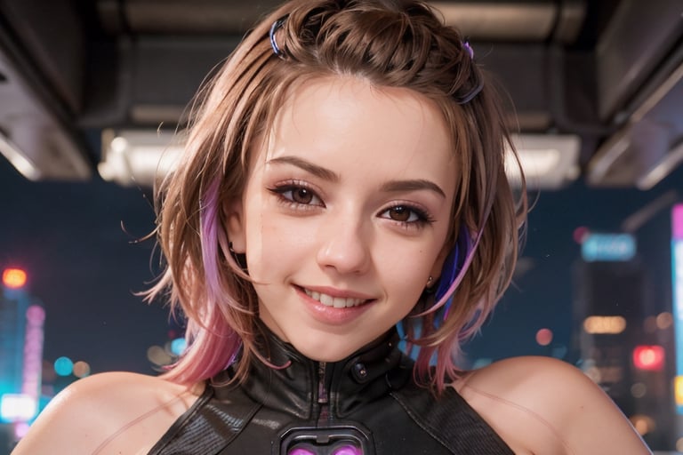 1 girl, smile, close up, happy, cyberpunk, night city, leotard,