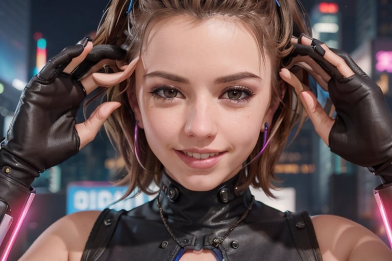 1 girl, smile, close up, happy, cyberpunk, night city, leotard,