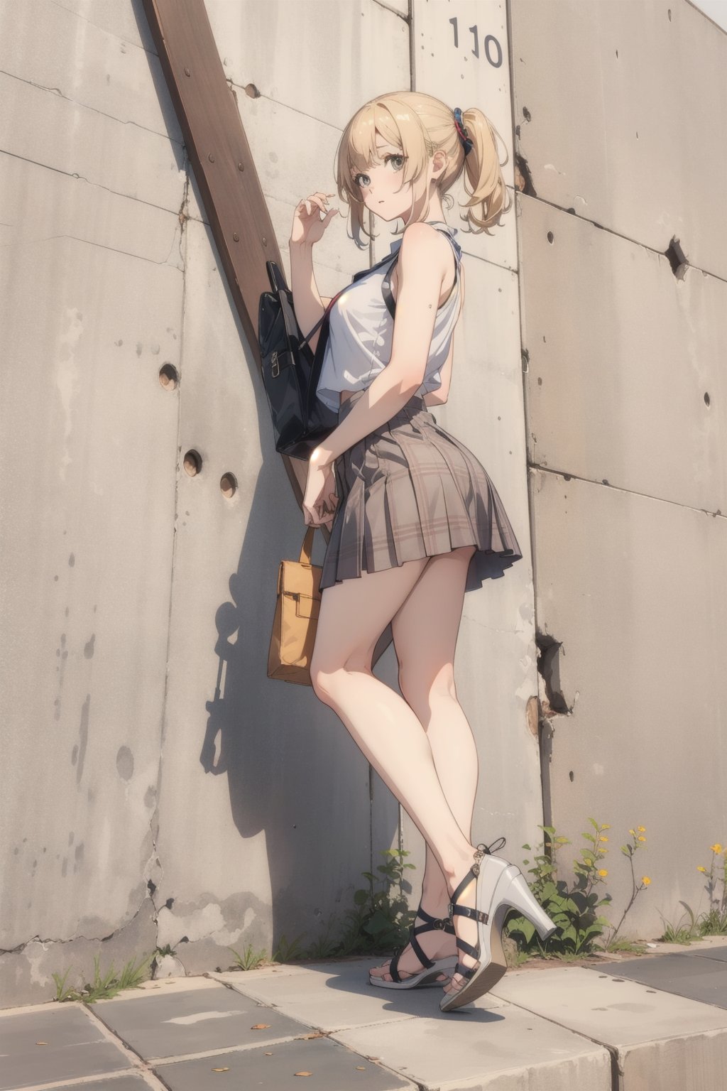 1girl, solo, looking at viewer, skirt, blonde hair, brown hair, shirt, standing, full body, sleeveless, medium hair, bag, high heels, plaid, plaid skirt