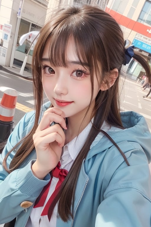 1girl, solo, long hair, looking at viewer, smile, bangs, brown hair, shirt, black hair, bow, brown eyes, school uniform, jacket, upper body, lips, blazer, selfie