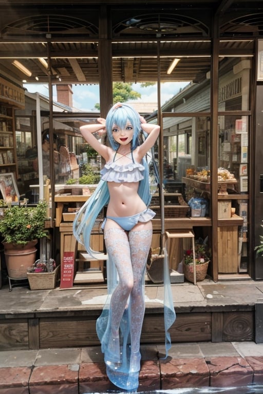 (masterpiece, best quality),ray tracing,absurdres, HDR,1girl,  rimuru tempest,light blue hair,blue  eyes,  bangs, solo, swimsuit, bikini, , navel, long hair, yellow bikini, sky, day, smile, halterneck,bangs, outdoors, blue sky, frilled bikini, hair between eyes, open mouth, frills, armpits, looking at viewer, arm up, cloud, :d, shiny, collarbone, very long hair, standing, water, wading, ass visible through thighs, shiny hair,