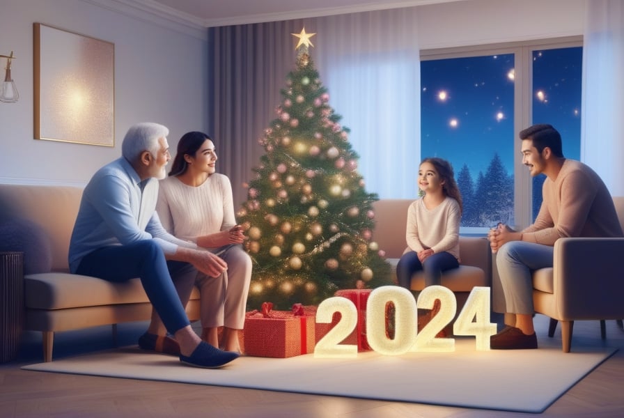 sfw, ((best quality)), ((masterpiece)), ((ultra-detailed)), (illustration), (detailed light), (an extremely delicate and beautiful), ((trim)), incredibly_absurdres, (ray tracing), (reflection light), BREAK (8k:1.3), Wallpaper))), new year atmosphere

(((family made up of 9 people,  grandparents, granparents sons and daughters, grandsons and granddaughters))), all sitting in the living room remembering the beautiful moments they lived during the year, and hoping that the new year 2024 will be prosperous and very good, new year atmosphere, and party, wishing everyone a good (((new year 2024))) full of happiness, prosperity and love, (((happy new year))) written with multicolor lights,insertNameHere,realistic