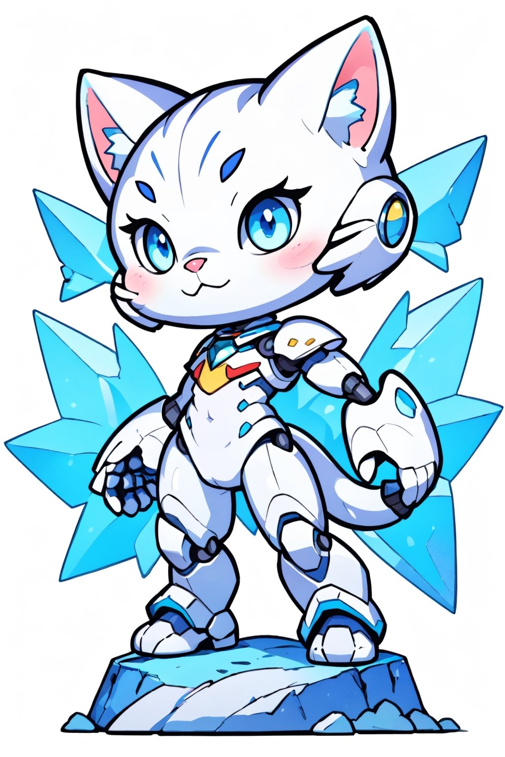 cartoon white cat standing on a blue base with a huge gem, blue eyes, solo, robot, white background, tail, :3