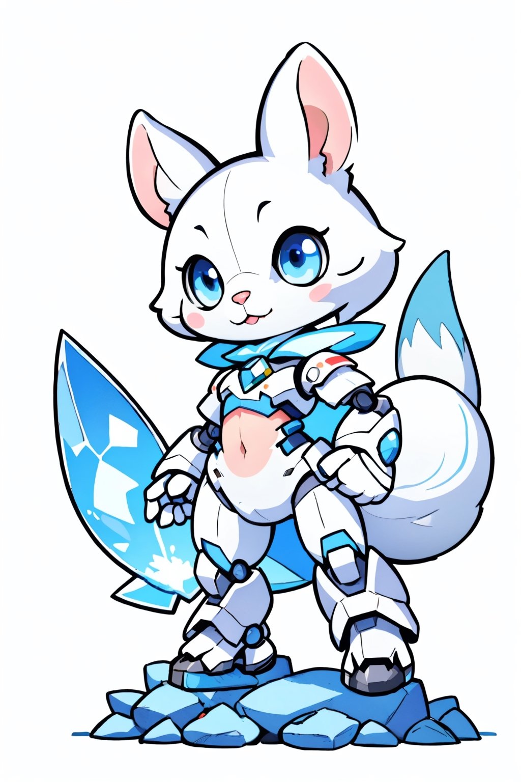 cartoon white Squirrel standing on a blue base with a huge gem, blue eyes, solo, robot, white background, tail, :3