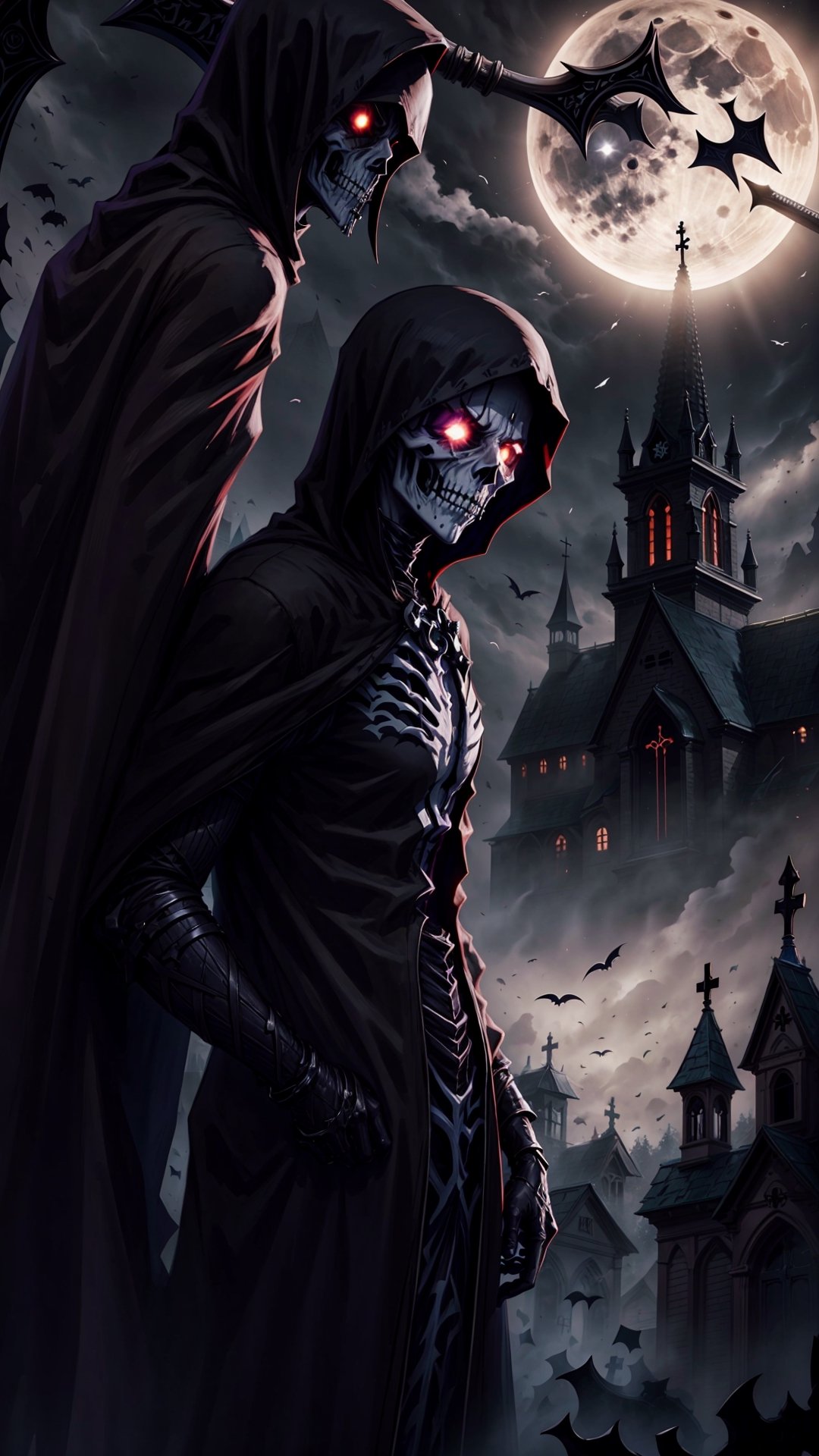 In the eerie (moonlight), a foreboding ((church)) stands tall, shrouded in darkness. Its sinister atmosphere is intensified by the presence of a Grim Reaper, lurking among the tombstones. The Grim Reaper's face is a haunting skull, its empty eye sockets piercing through the night, fixated on you,((scythe))