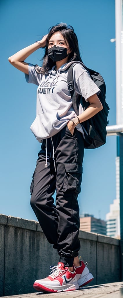 cyber-realistic ultra high definition, unity 3d rendering photo a girl wearing a black cargo jogger pants, black hacker backpack, a pair of air jordan shoes and black metallic hoodie and oxygen facemask, she has a big purplish red eyes which is perfectly levitating above sky scrapers