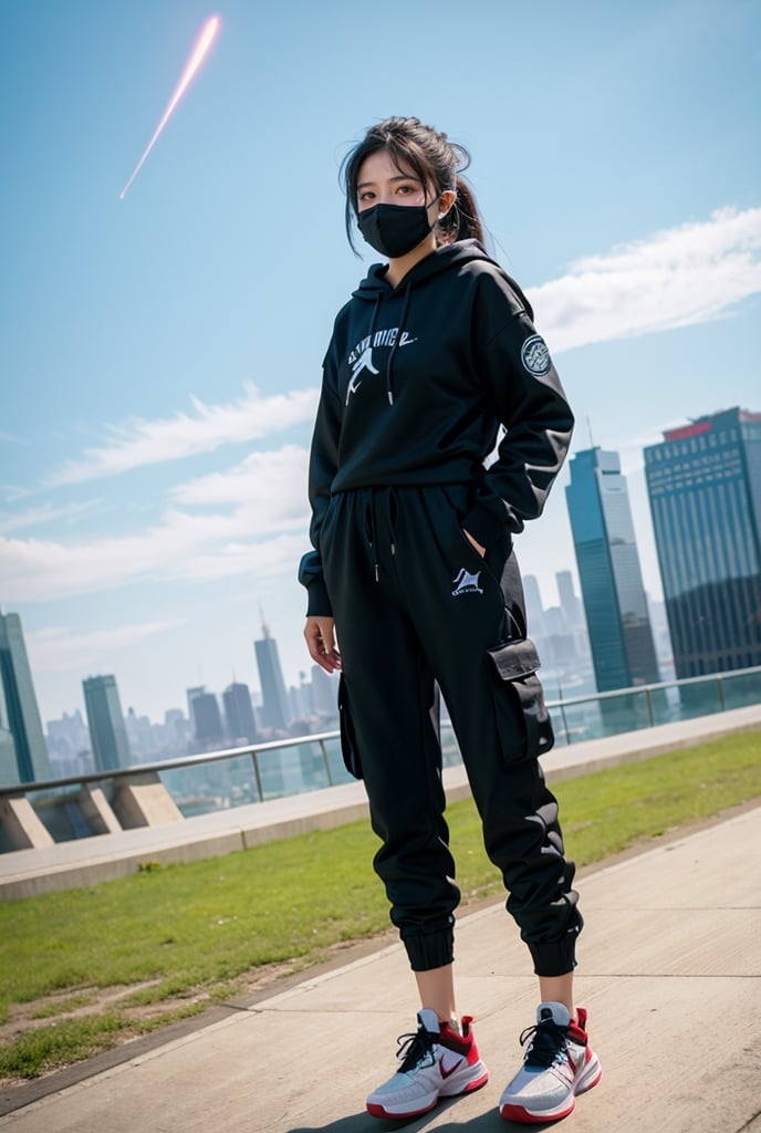 hyper-realistic ultra high detailed photo a girl wearing a black cargo jogger pants, black hacker backpack, a pair of air jordan shoes and black metallic hoodie and oxygen facemask, she has a big purplish red eyes which is perfectly levitating above sky scrapers