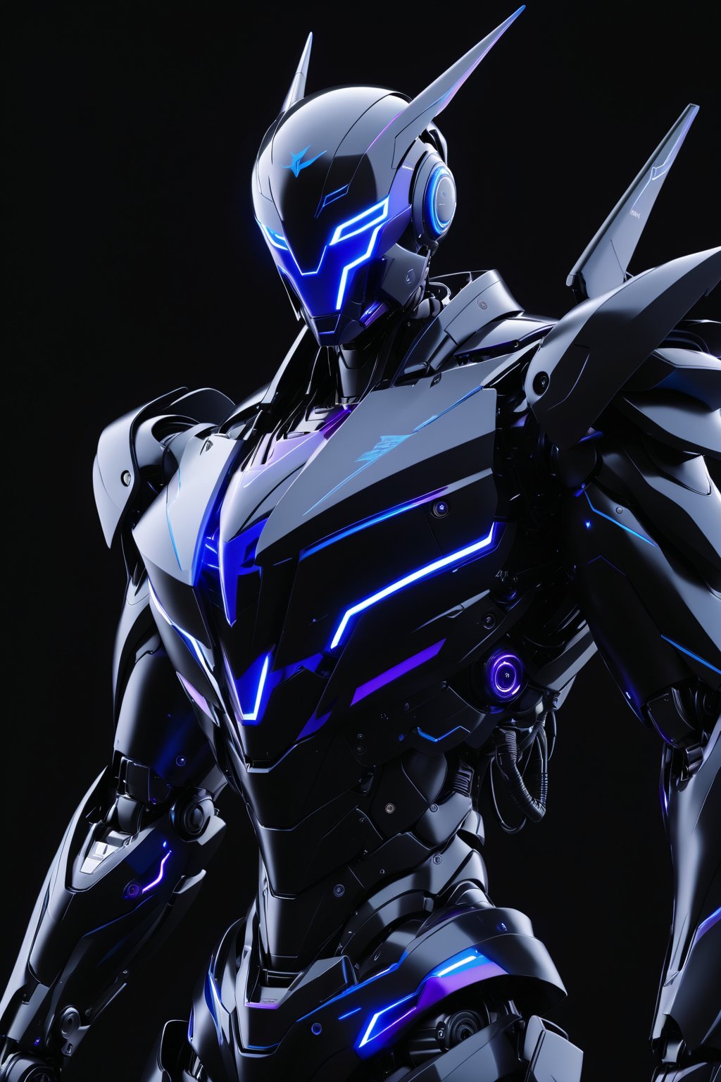 robot, full black with purple lining accent, lightning blue sparks, front view, stand tall, upper body, open chest cockpit