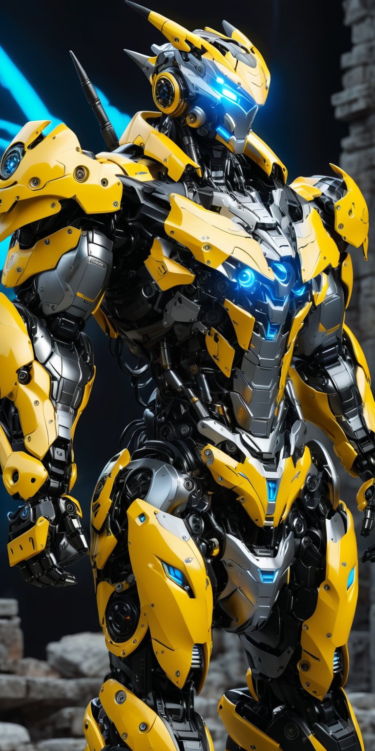 full body, yellow dragon robot with black accent, lightning blue strike eye glow, bulky metallic mechanical parts, open cockpit on chest, ruins background, hyper-realistic, masterpiece, best quality, 8k ultra HD